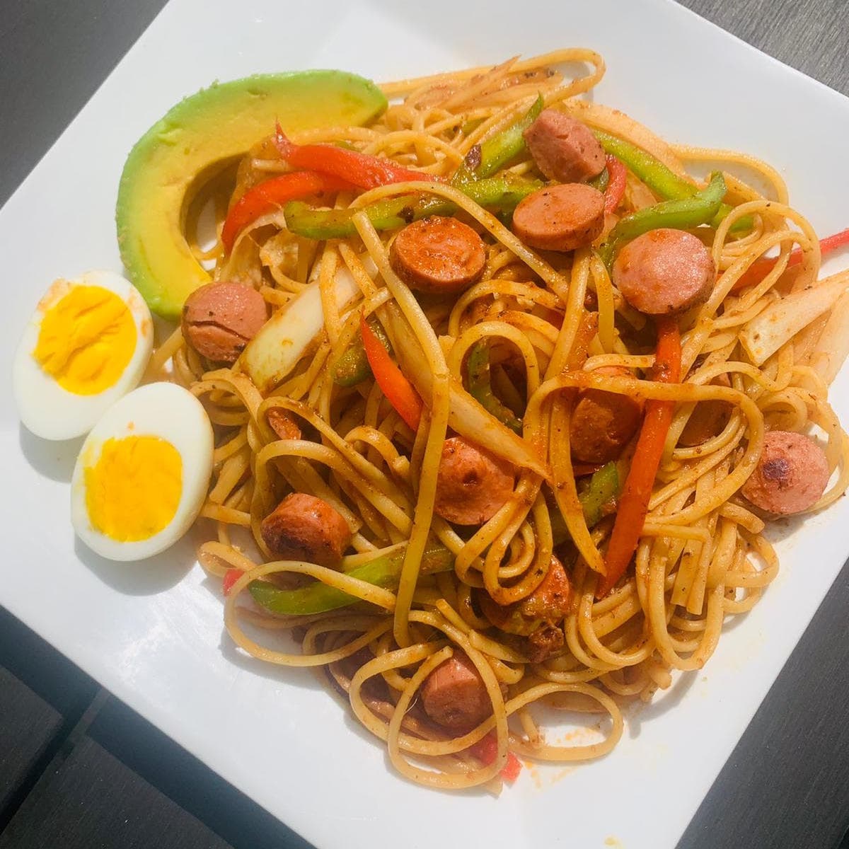 Spaghetti with Sausage, Eggs and Avocado