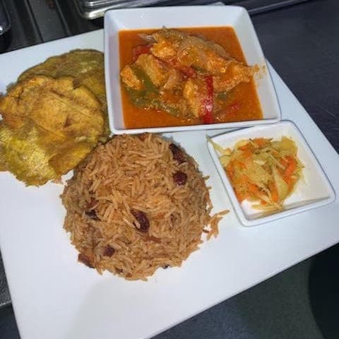 Stew Conch with Rice, Beans & Plantains